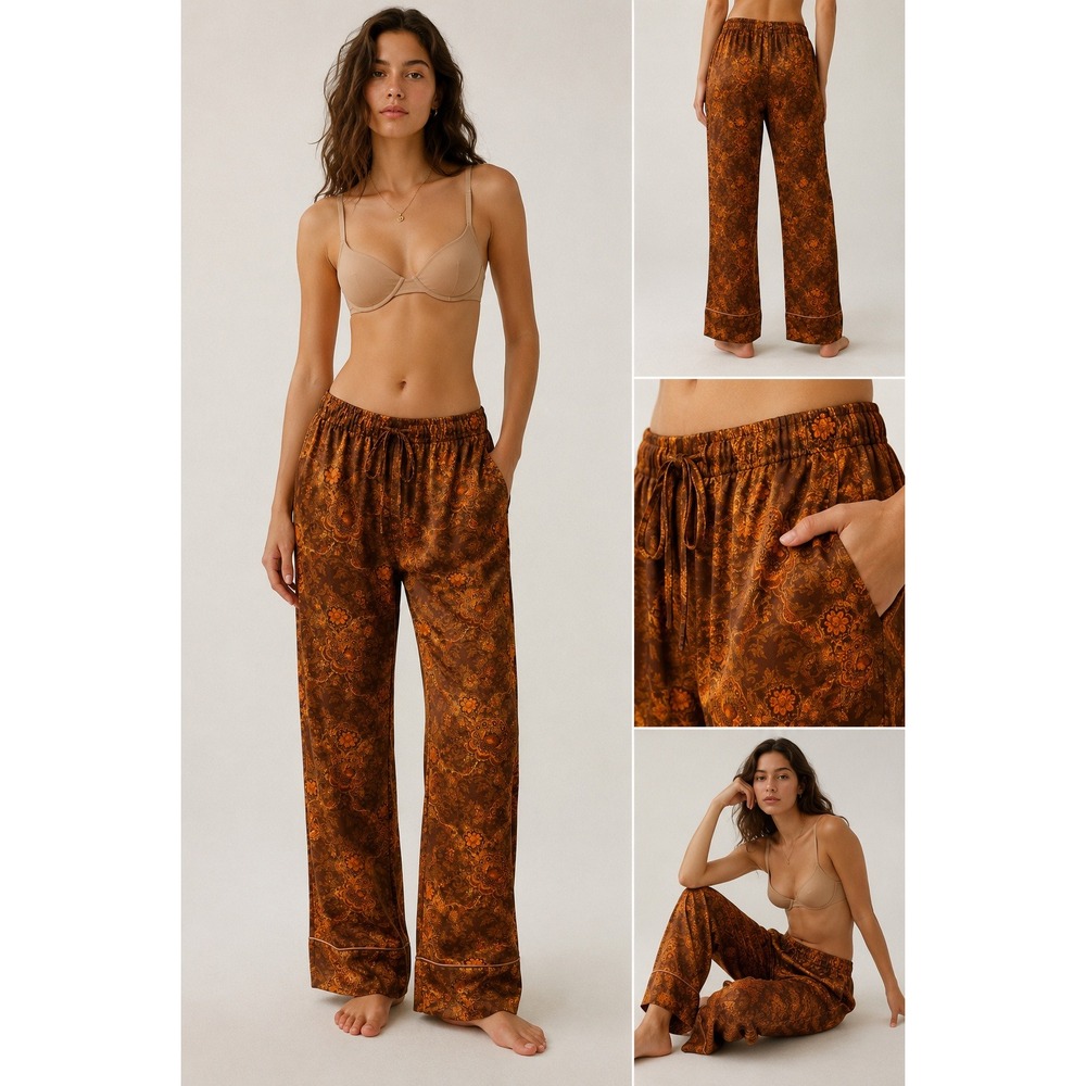 Laura Ashley Urban Outfitters XS Brown Orange Paisley Wide Leg Boho Lounge Pants